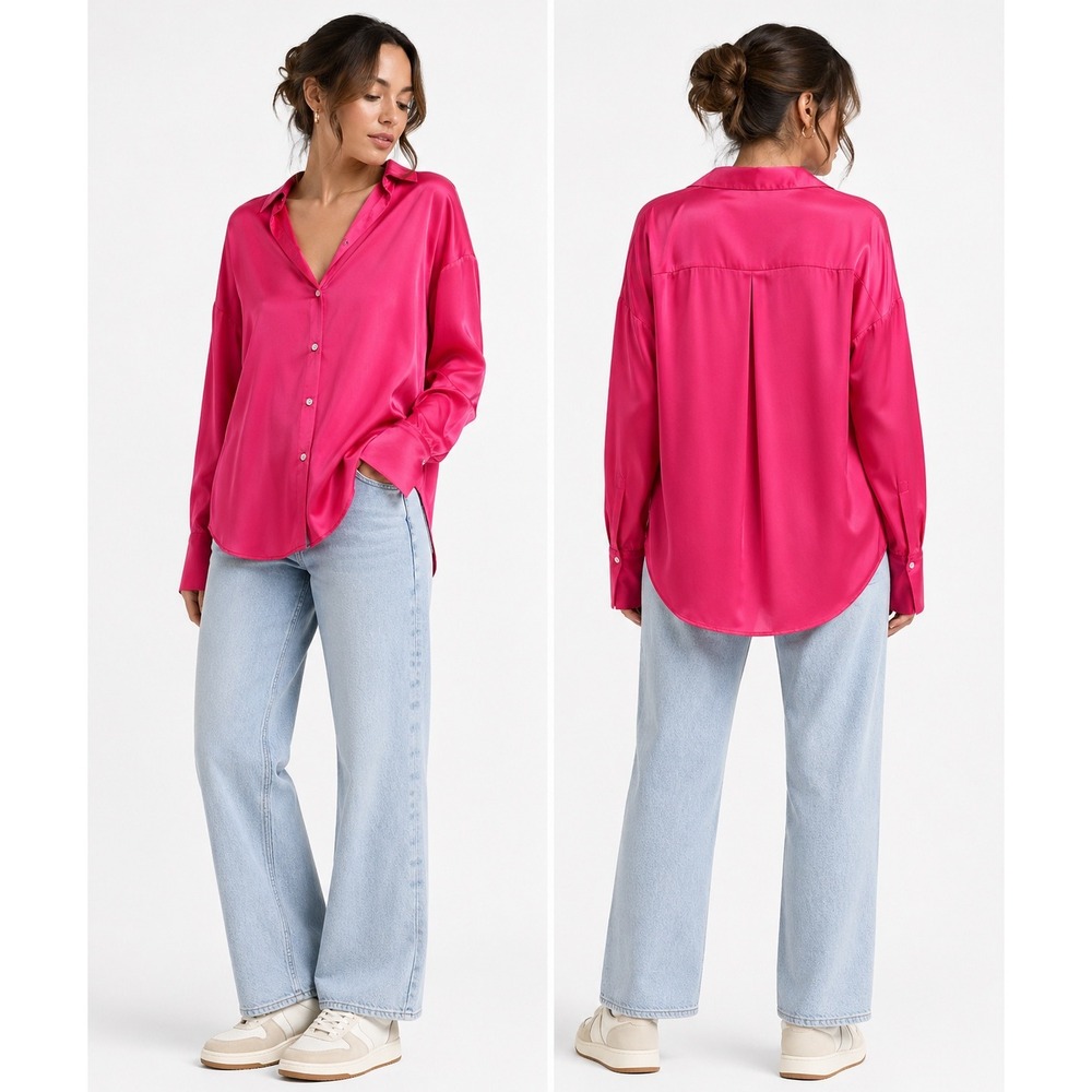 Zara Button Down Blouse Womens Medium Pink Satin Long Sleeve V-Neck Barbiecore